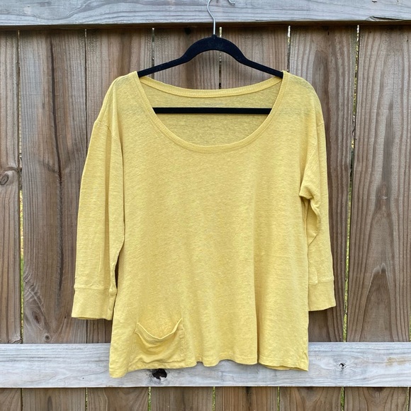 Eileen Fisher Dark Butter Yellow Linen Top with Pocket Accent - Picture 1 of 7
